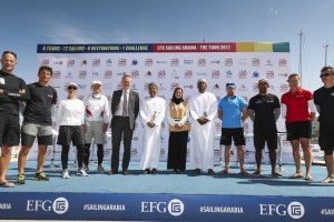 Gli skipper della EFG Sailing Arabia - The Tour 2017 prima della partenza di oggi a Muscat