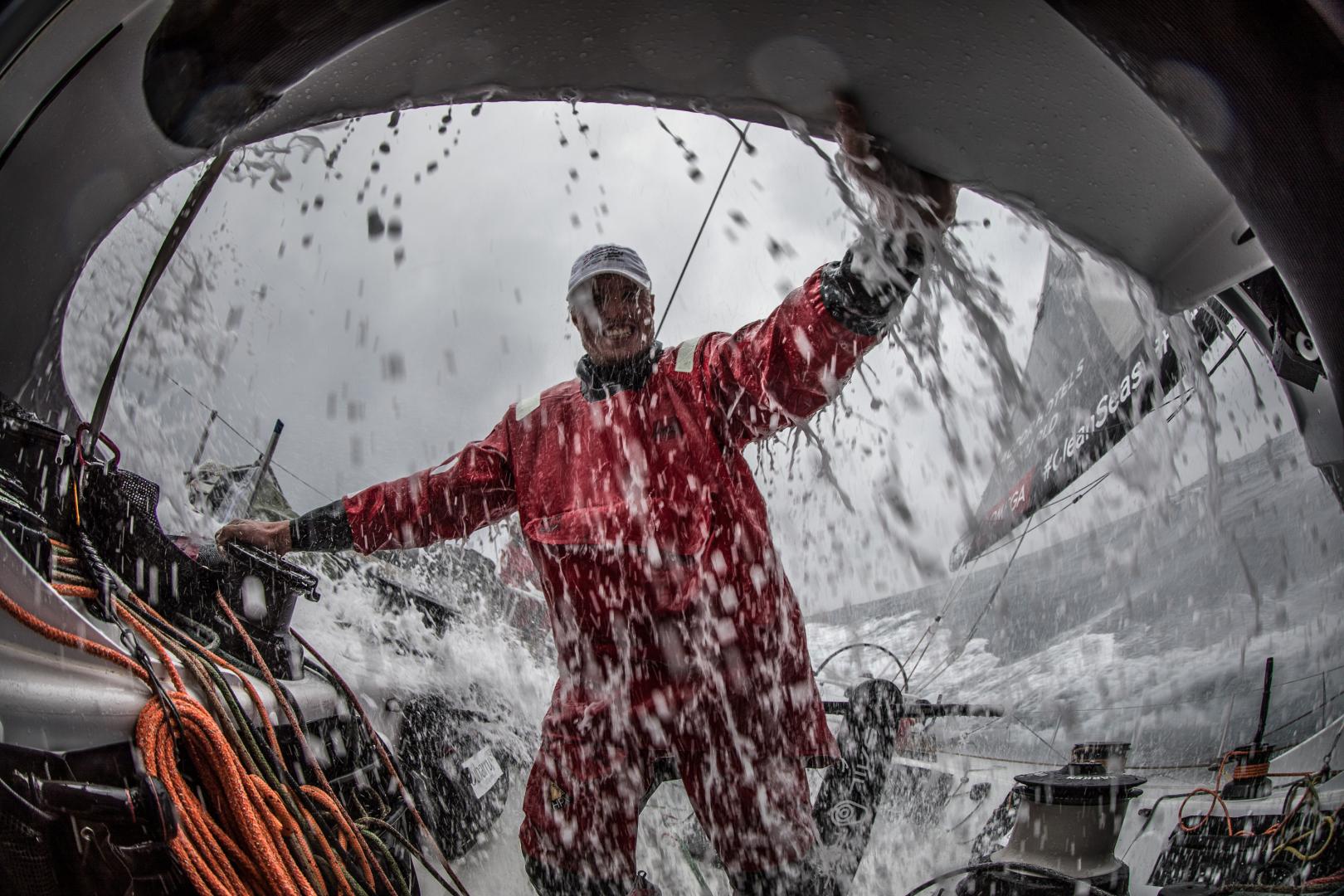 Leg 4, Melbourne to Hong Kong, day 18 Trystan Seal out in the thick of it on board Sun Hung Kai/Scallywag. Photo by Konrad Frost/Volvo Ocean Race.