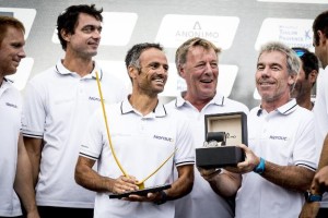 Franck Cammas and the NORAUTO crew with their 2018 GC32 Racing Tour trophy and Anonimo Nautilo Bronze Bicolor timepiece