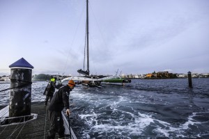 Thomas Coville leaves La Coruna on Sodebo Ultim' after the team worked against the clock to repair the boat. Fred Morin / Sodebo