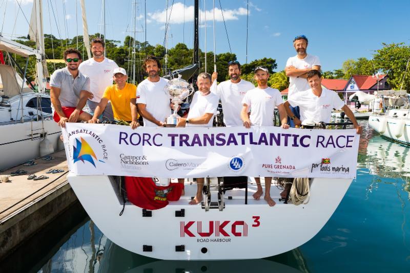 Franco Niggeler's Cookson 50 Kuka3 lift the 2018 RORC Transatlantic Race Trophy after setting the best time after IRC correction