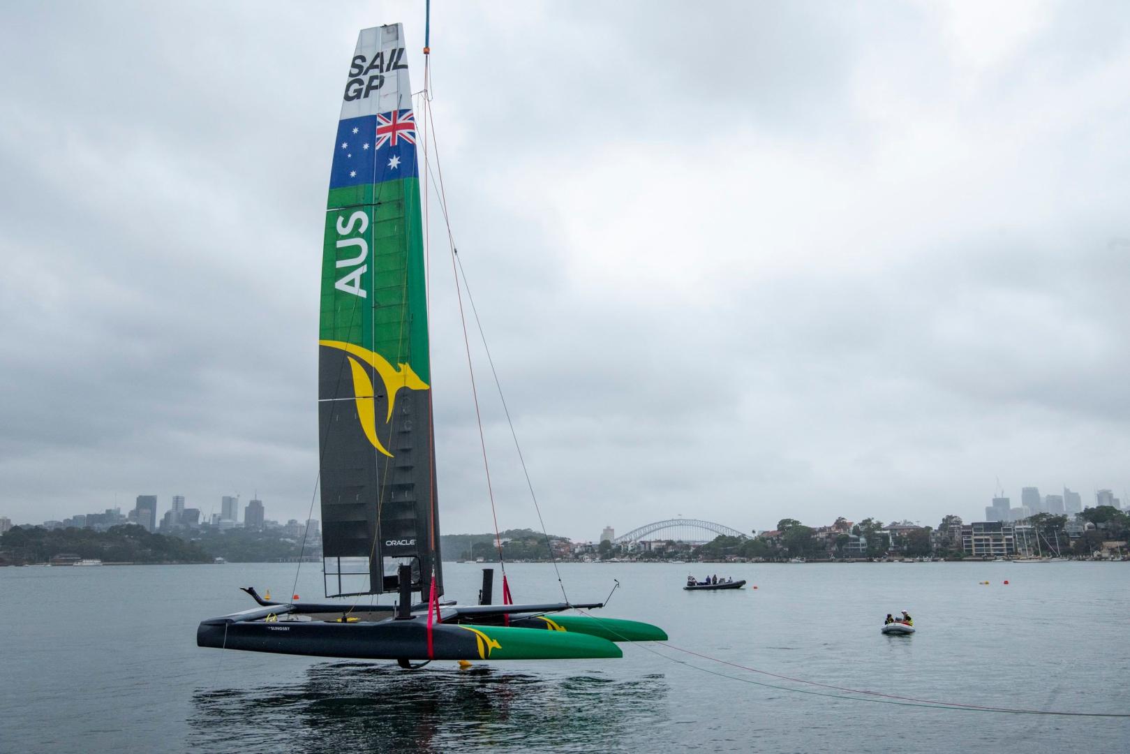 The Australia SailGP Team F50 touching Sydney Harbour for the first time.