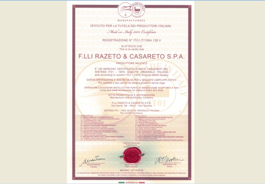 Certificazione Made In Italy_Razeto Casareto