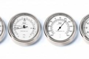 Barometer, Hygrometer, Thermometer und Uhr sind im typischen, einfach ablesbaren Instrumentendesign gestaltet, das auch die  Zifferblätter verschiedener IWC-Uhren charakterisiert.