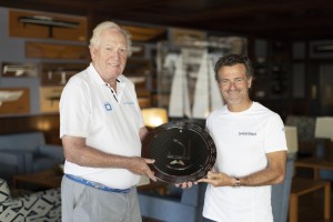Rambler 88 owner George David receives his prize for clinching line honours in the 2019 151 Miglia-Trofeo Cetilar from organiser Roberto Lacorte. Photo: Studio Borlenghi / International Maxi Association