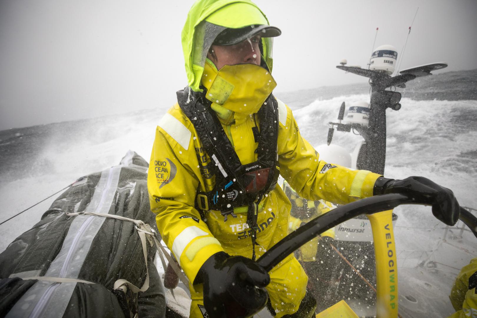 Peter Burling helming Team Brunel in the North Atlantic during the 2017-18 edition of The Ocean Race. ph.Sam Greenfield/Volvo AB