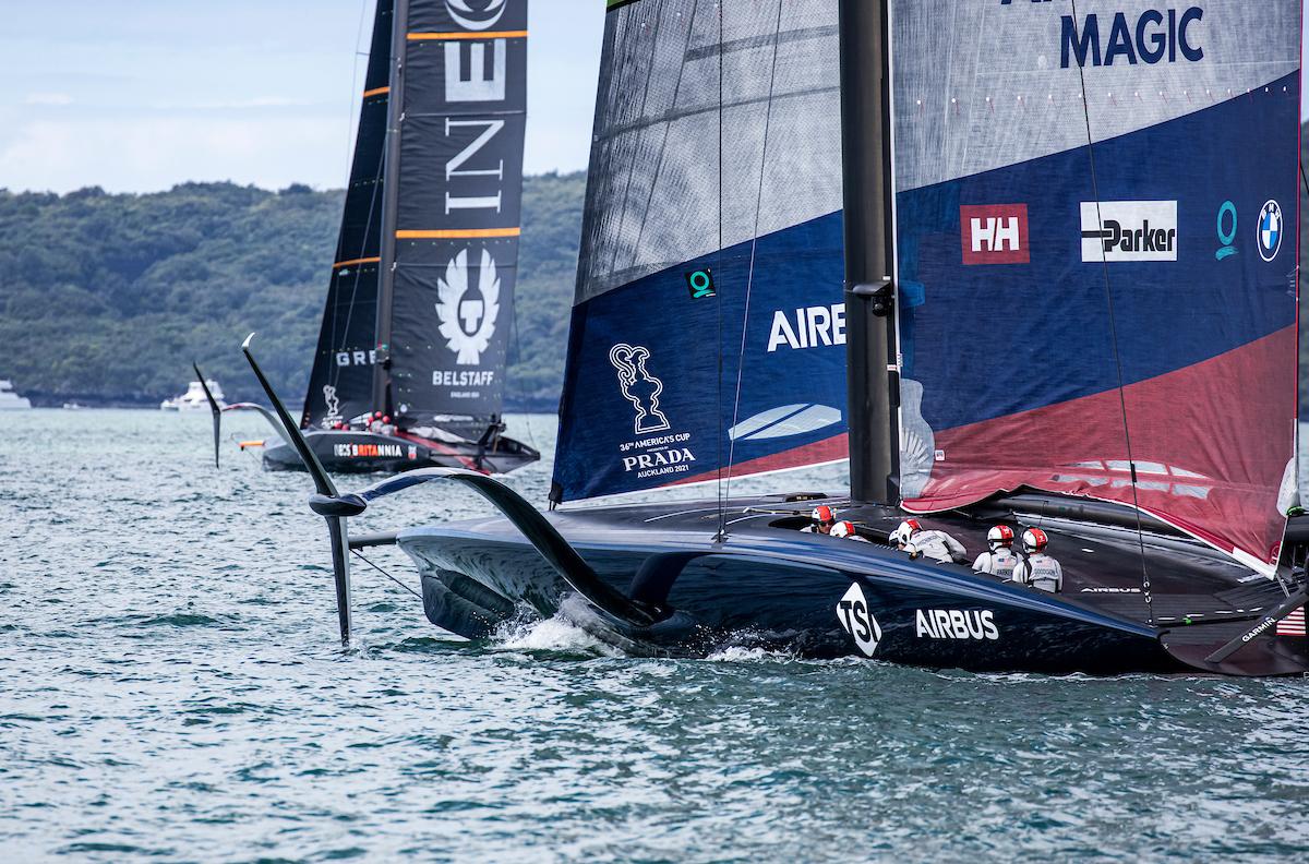Image: American Magic and INEOS Team UK both spent significant time in displacement mode in the second race today. © Sailing Energy / American Magic
