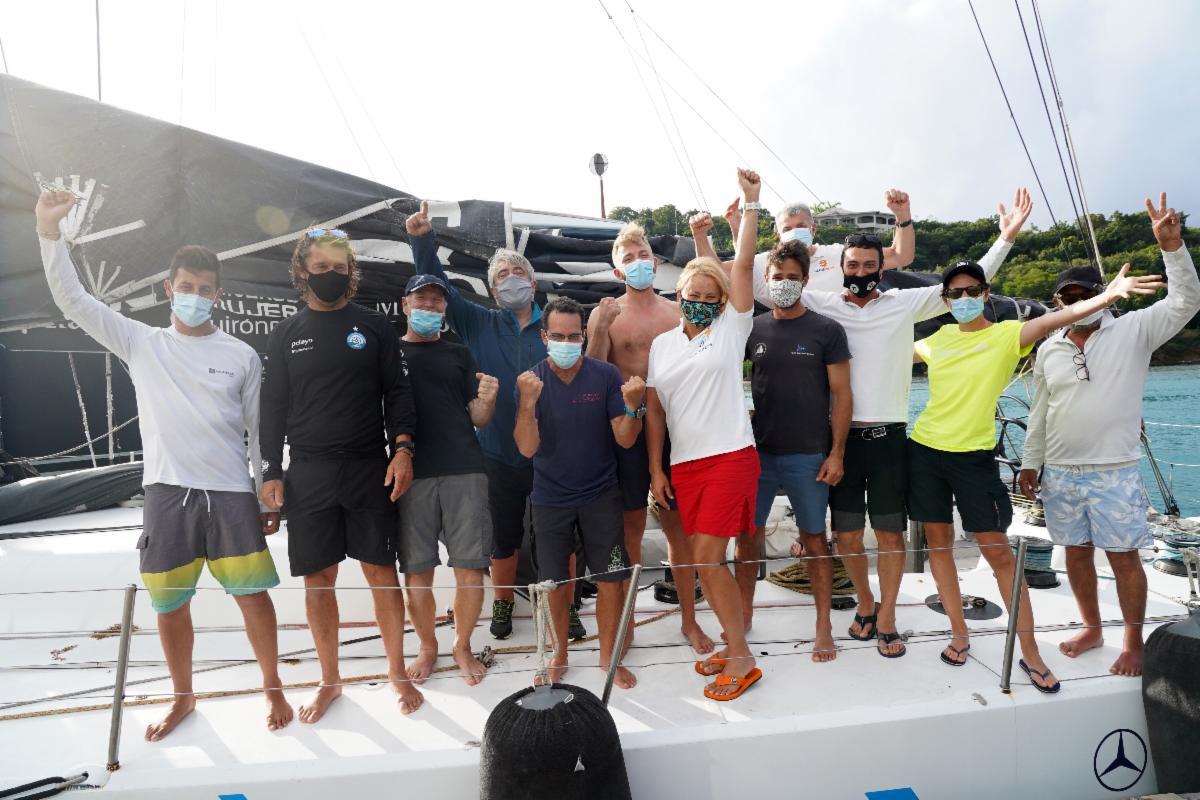 Celebrations on board Johannes Schwarz’s Volvo 70 Green Dragon after winning the IMA Trophy and Monohull Line Honours in the
RORC Transatlantic Race
