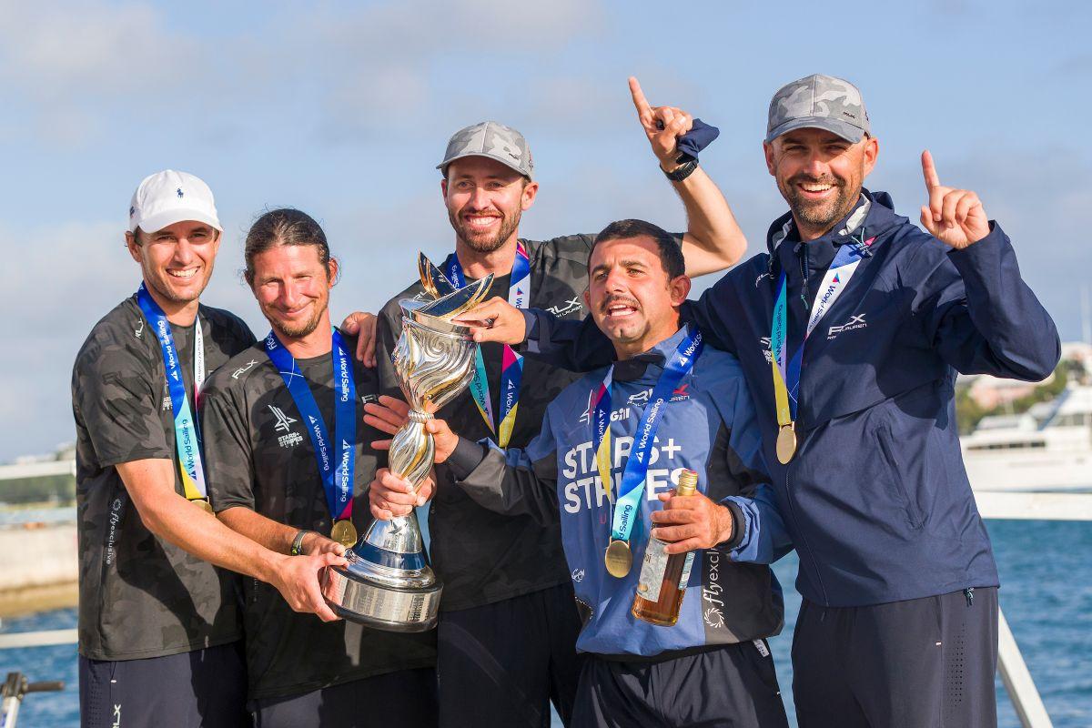 Taylor Canfield (centre) and the Stars+Stripes USA team winning the
2020 WMRT Match Racing World Championship, Bermuda