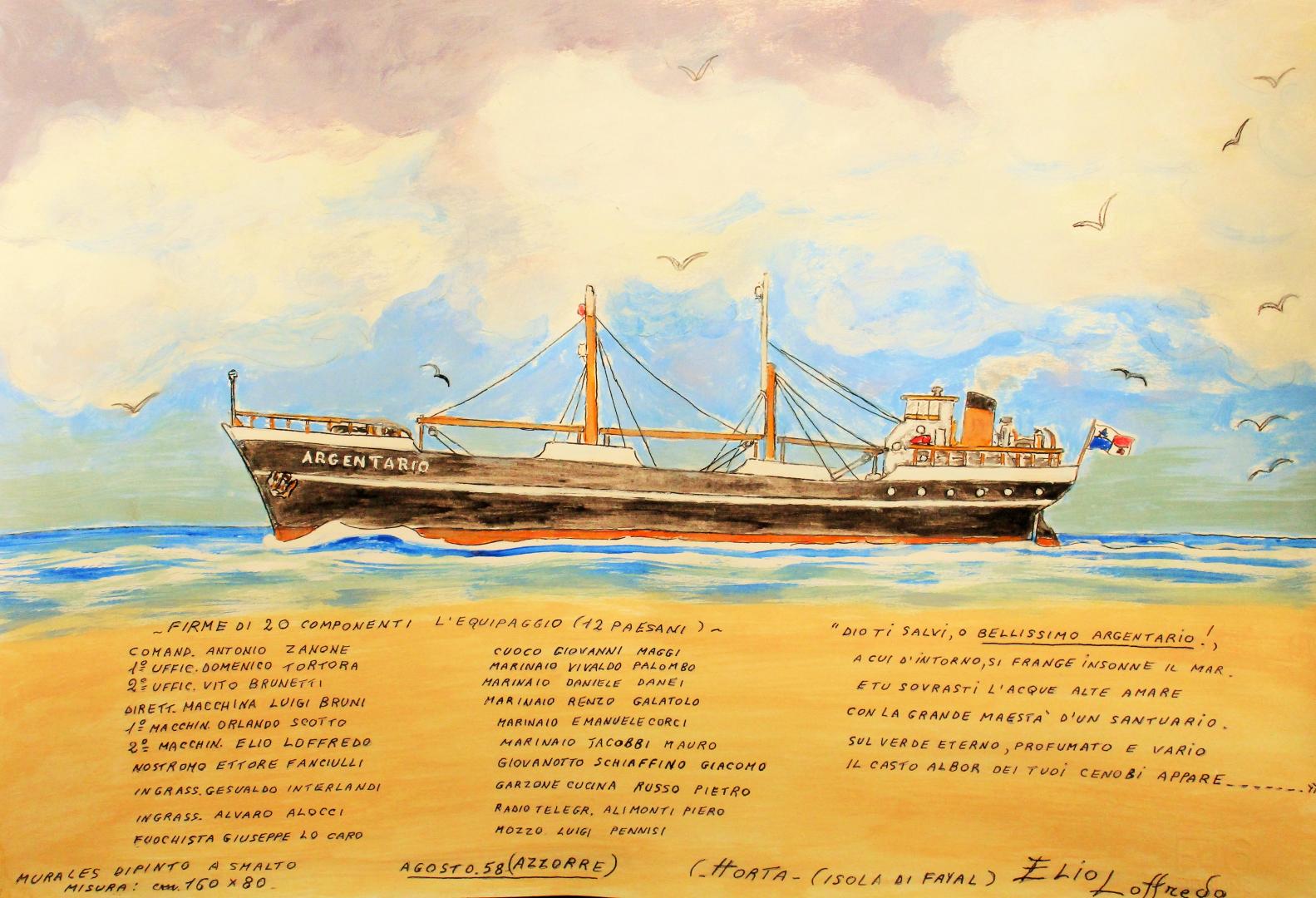Il dipinto di Elio Loffredo ad Artemare Club che raffigura il suo murales realizzato per il porto di  Horta delle Azzorre