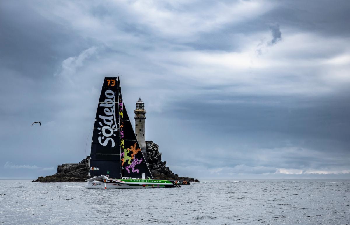 Thomas Coville's Sodebo Ultim 3 finished the Rolex Fastnet Race in Cherbourg on Tuesday morning (10 August), completing the 695nm course in 1d 20h 16m 36s © Kurt Arrigo/Rolex
