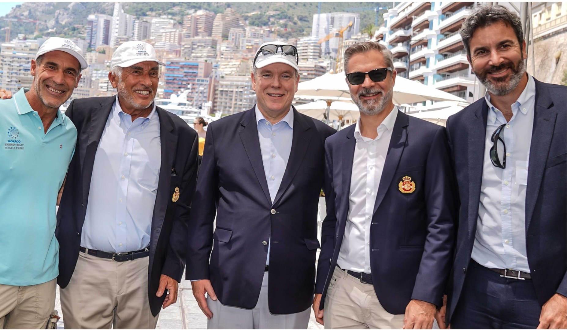 HSH Prince Albert II of Monaco surrounded (l-r) by 
Mike Horn, Bernard d'Alessandri, Michel Buffat and Jérémie Lagarrigue