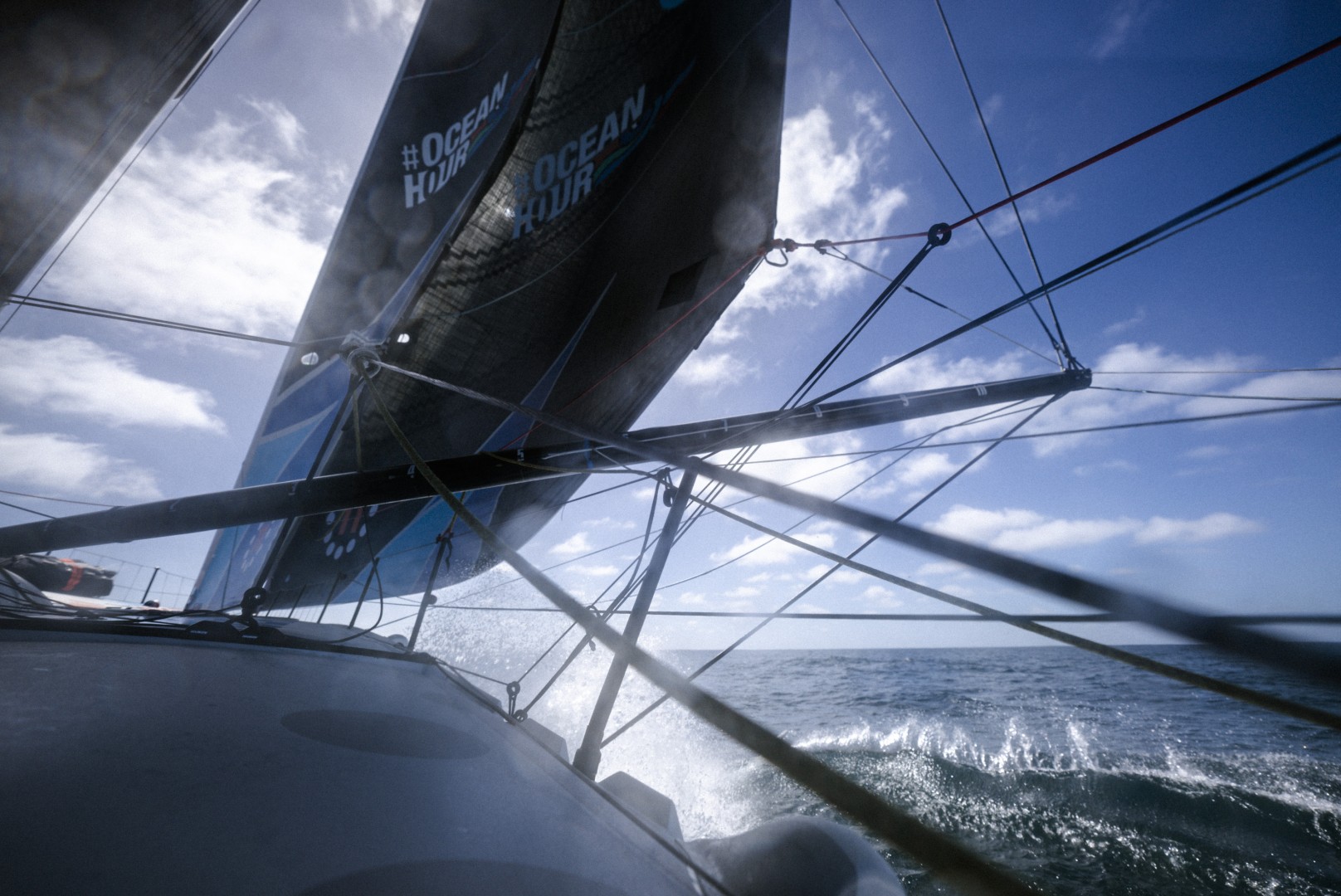 Onboard 11th Hour Racing Team during Leg 2, Day 17. Malama causing in moderate winds under J0 and J3 sails.
© Amory Ross