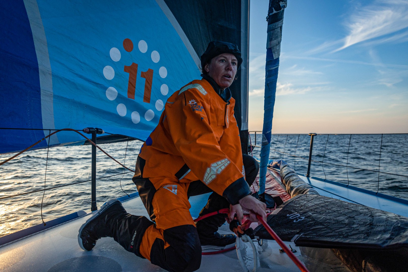 Leg 6 Day 1 onboard 11th Hour Racing Team. Francesca Clapcich on deck for a sail change.
© Pierre Bouras