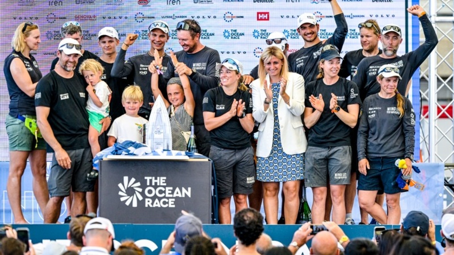The Ocean Race VO65 Sprint Cup 2022-23 - 26 June 2023. WindWhisper Racing Team celebrating Stage 3 victory, Stage Prize Giving in the Ocean Live Park in Genova, Italy. © Sailing Energy / The Ocean Race