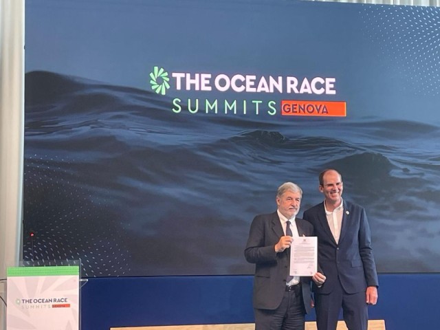 Il sindaco di Genova Marco Bucci e il CEO di The Ocean Race, Richard Brisius. ph.G.Luzzatto/Pressmare.it©