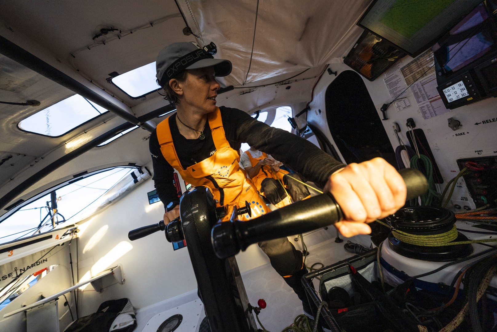 Leg 4 Day 14 onboard 11th Hour Racing Team. Francesca Clapcich grinding the mainsail for Simon Fisher at sunrise.
© Amory Ross / 11th Hour Racing / The Ocean Race