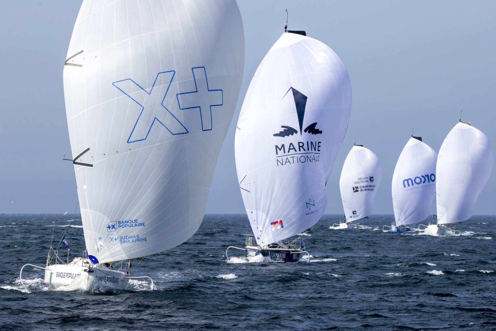CORENTIN HOREAU (BANQUE POPULAIRE) LEADS OUT OF THE BAY OF MORLAIX UNDER SPINNAKER  

Photo ©Alexis Courcoux