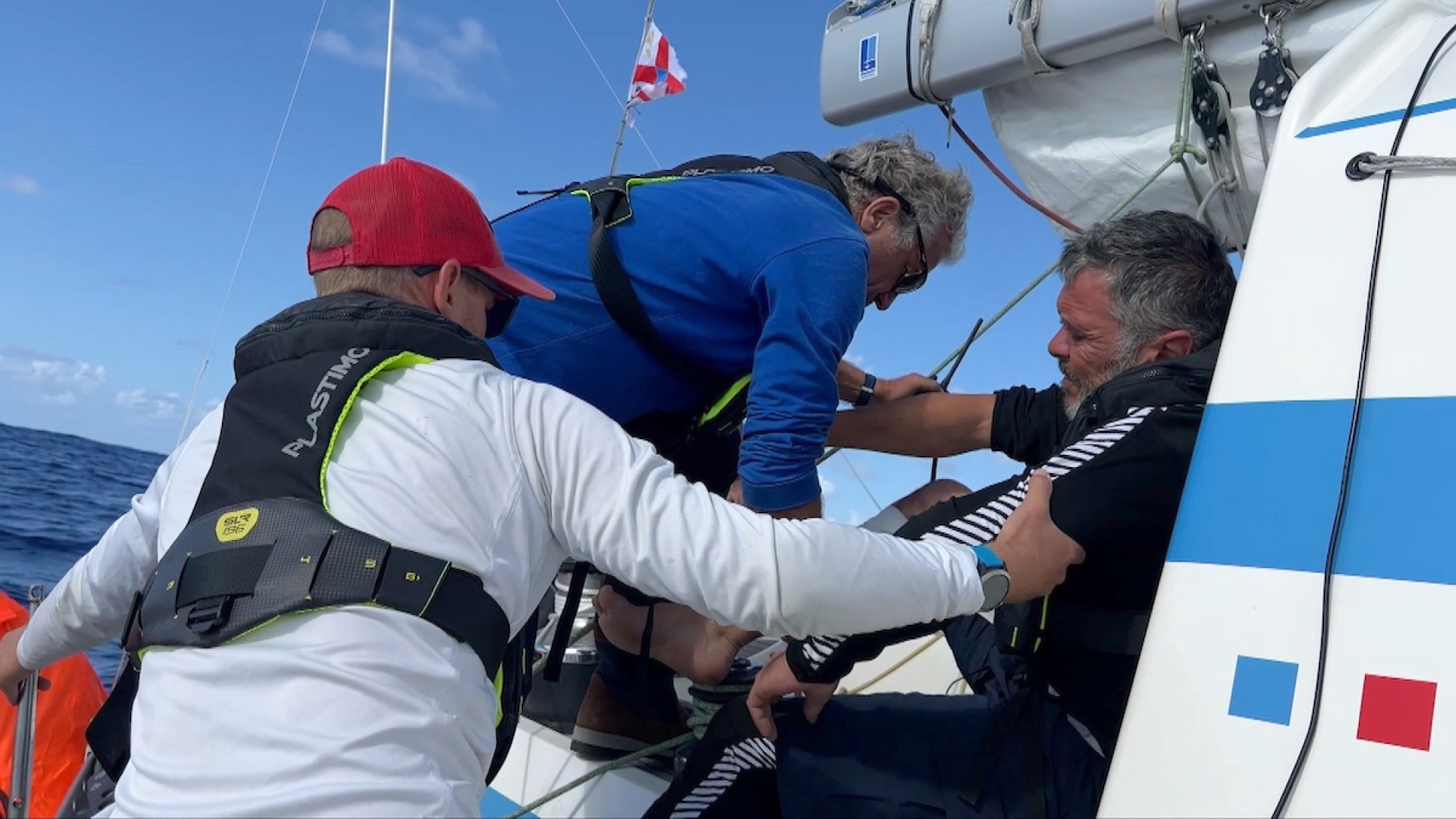 Captain of Triana, Jean d'Arthuys, considered transferring Stéphane Raguenes to a passing cargo ship. Credit: Margault Demasles / Team Triana / OGR2023