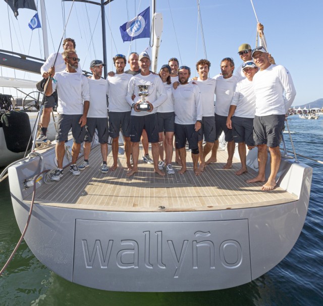 Benoît de Froidmont, wife Aurélie, tactician Cedric Pouligny (far right) and the crew of Wallyño celebrate winning the 2023 IMA Mediterranean Maxi Inshore Challenge. Photo: Gianfranco Forza.