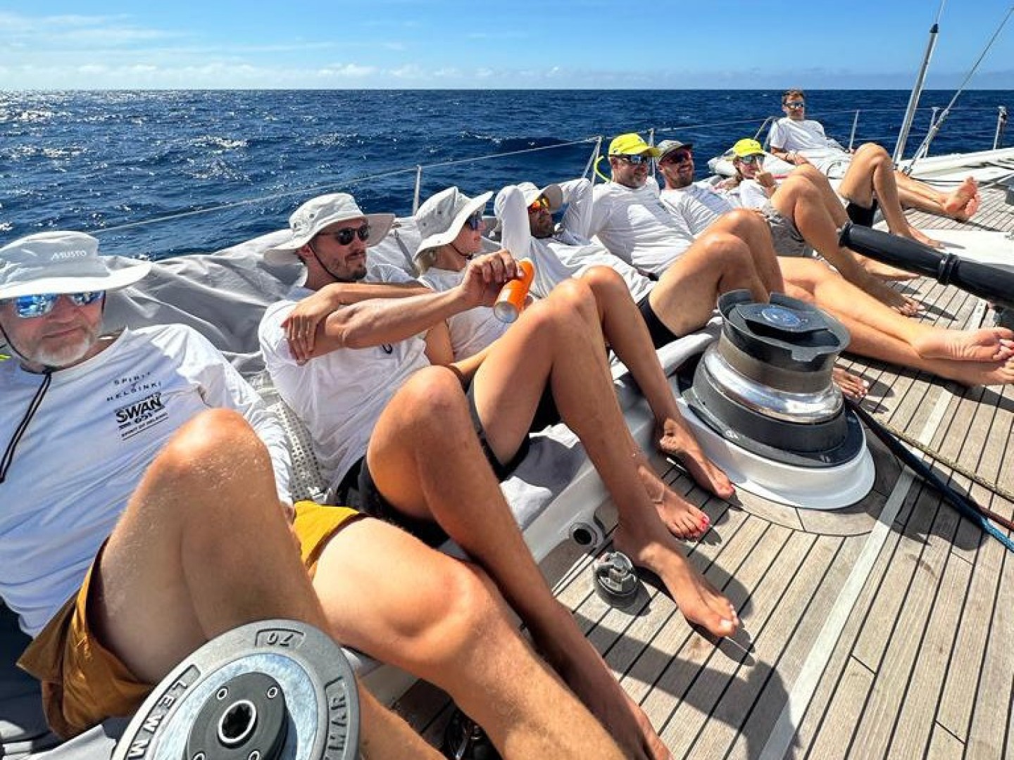 How hard is it to beat Pen Duick VI? The crew of Spirit of Helsinki chilling out after grabbing the lead. McIntyre OCEAN GLOBE 2023
