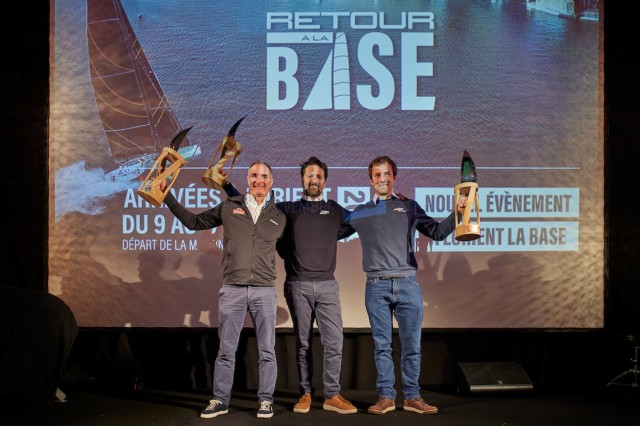 The podium prizewinners L-R , Jeremie Beyou, Yoann Richomme. and Sam Goodchild 

(photo by Anne Beaugé / Retour à La Base)