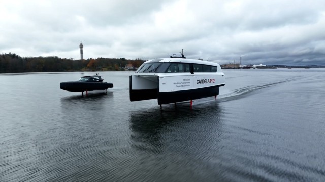 Candela's revolutionary electric C-8 leisure boat and P-12 ferry flying side by side, in Stockholm.