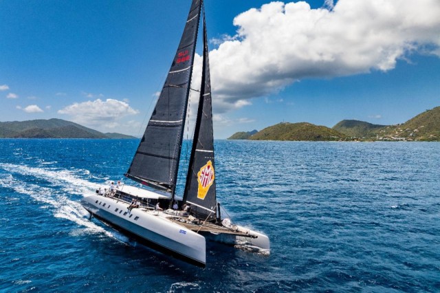 Adrian Keller's 84ft Irens-designed catamaran Allegra win the Nanny Cay Cup in the Round Tortola Race © Alex Turnbull/Tidal Pulse Media