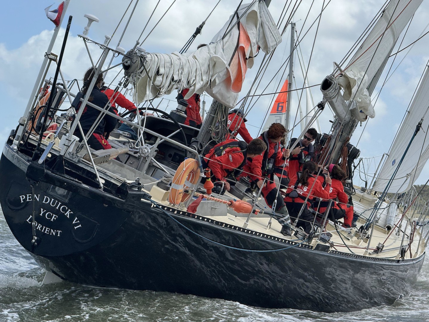 Pen Duick VI at the start of Leg 4 Punta del Este to Cowes - currently leading in line honours and IRC ranking for the leg. Credit: Aïda Valceanu/ OGR2023