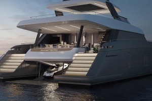 The yacht is equipped with an aft garage and platform