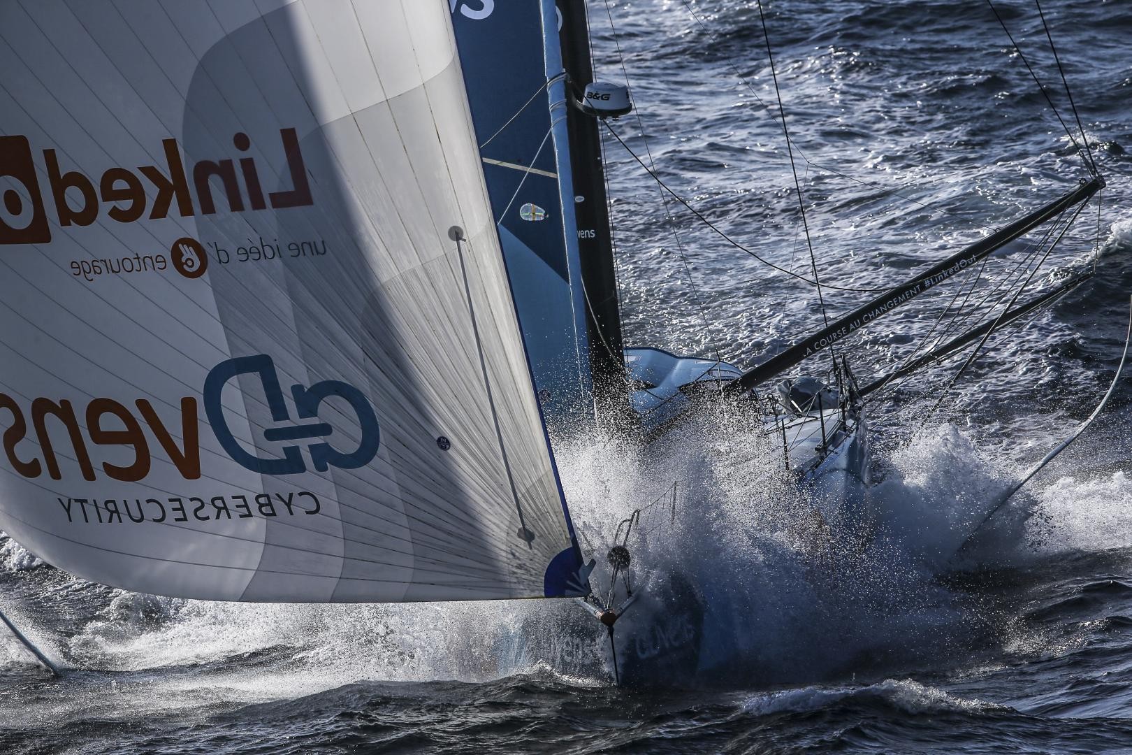 Racing down the coast of Portugal early in Leg 2 of The Ocean Race Europe from Cascais, Portugal, to Alicante, Spain.