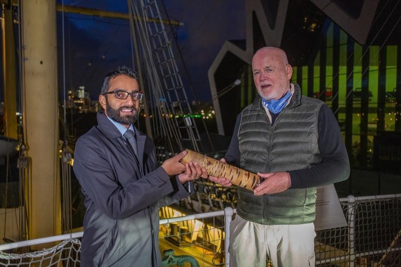 Race4Nature - Baton Relay - COP 26 UN Special Envoy for the Oceans, Peter Thomson, and Vel Gnanendran, Director for Climate and Environment, Foreign Commonwealth and Development Office, with the Relay4Nature Baton onboard the Tall Ship Glenlee.