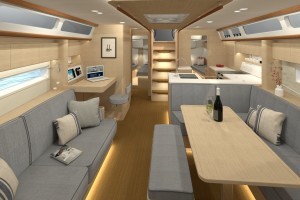 The default saloon layout has L-shaped dinette seating and an island galley. The owner’s cabin has a king size bed facing aft