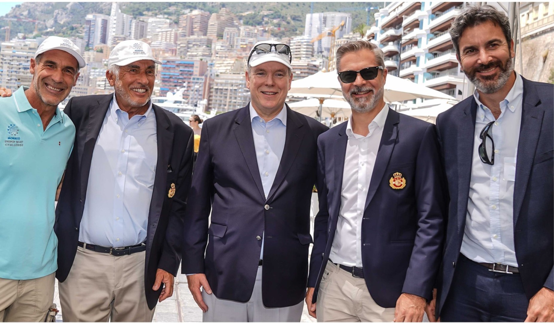 HSH Prince Albert II of Monaco surrounded (l-r) by 
Mike Horn, Bernard d'Alessandri, Michel Buffat and Jérémie Lagarrigue