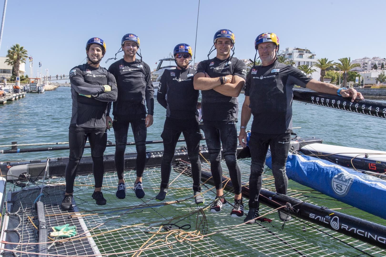 Left to right: Red Bull Sailing Team's crew for the GC32 Lagos Cup 2 - Mark Spearman, Iain Jensen, Nathan Outteridge, Neil Hunter and Hans-Peter Steinacher. Photo: Sailing Energy / GC32 Racing Tour