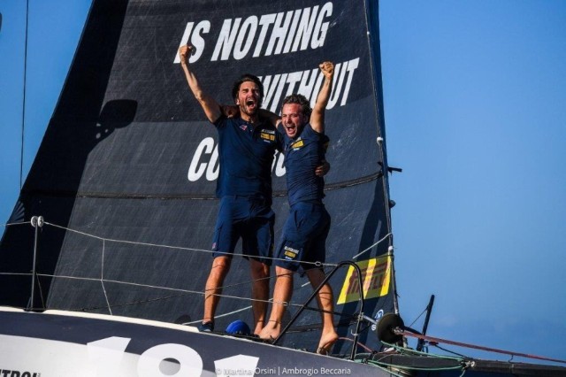 L' Ambassador di One Ocean Foundation Ambrogio Beccaria e il suo co-skipper Nicolas Andrieu festeggiano la vittoria della Transat Jacques Vabre.  © Martina Orsini