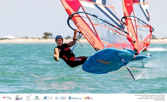 Federico Pilloni, an athlete from the Young Azzurra programme, celebrates
at the end of the final race at the IQFoil Games in Cadiz