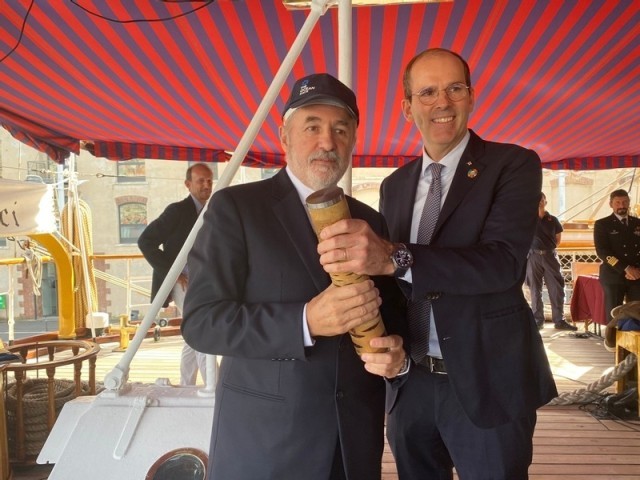 The Mayor of Genova, Marco Bucci and Richard Brisius, Race Chairman of The Ocean Race, on board the Amerigo Vespucci.