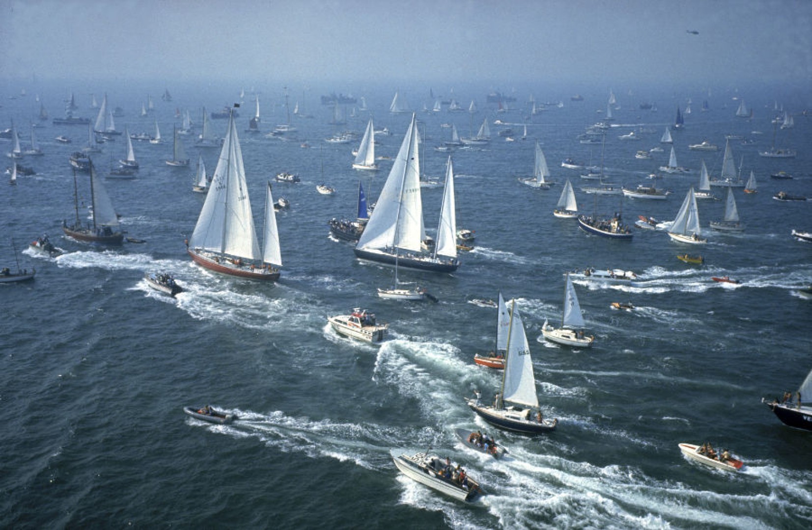 1973: Start of the first Whitbread Round the World Yacht Race with Chay Blyth's 'Great Britain II' leading Eric Tabarly's French entry 'Pen Duick VI'. Image: Bob Fisher/PPL Photo Agency ppl@mistral.co.uk