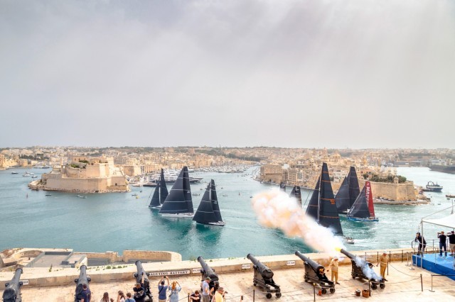 The IRC One maxi fleet sets sail from Valletta's Grand Harbour on Saturday afternoon. Photo: Rolex / Kurt Arrigo