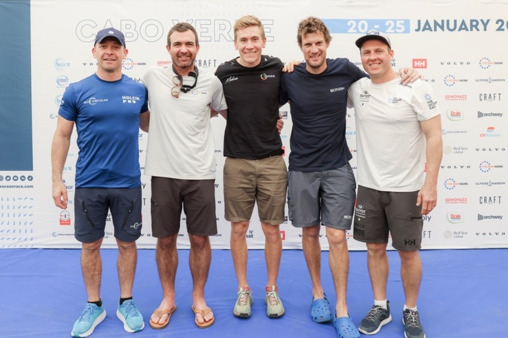 24 January 2023, Skippers Press Conference in Cabo Verde: Kevin Escoffier, Holcim - PRB Team; Charlie Enright, 11th Hour Racing Team; Will Harris, Team Malizia; Paul Meilhat, Biotherm; Robert Stanjek, GUYOT environnement - Team Europe.
© Sailing Energy / The Ocean Race