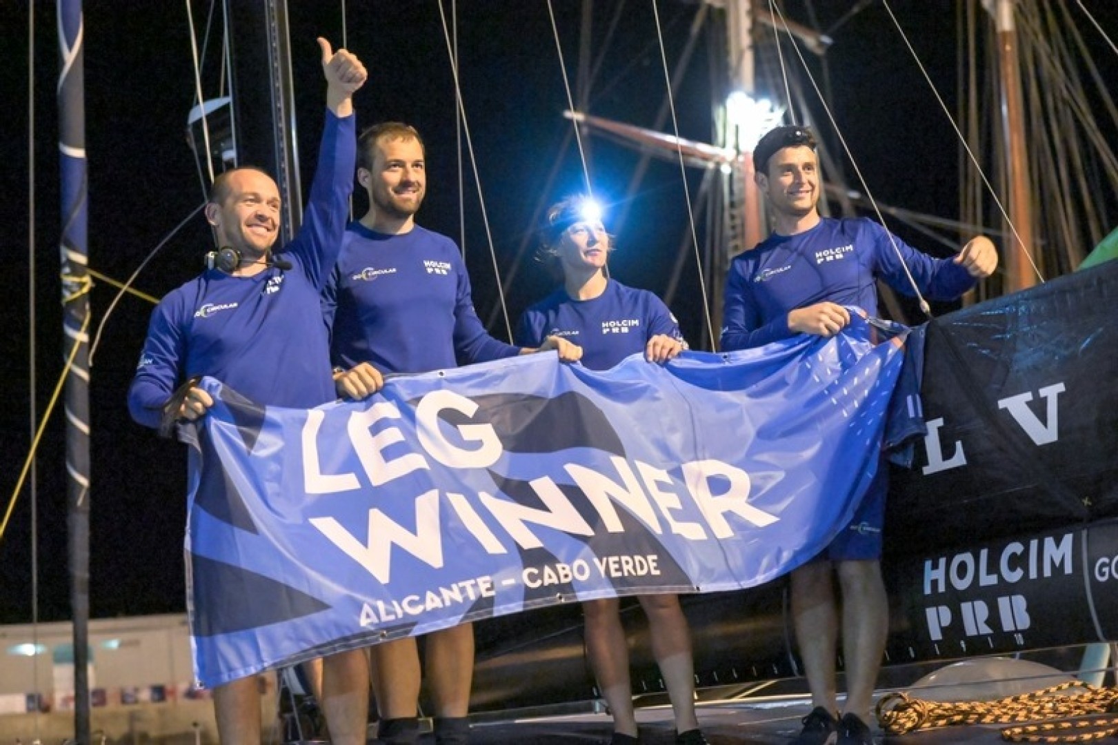 21 January 2023, Holcim - PRB Team crew rises the Leg Winner flag in Cabo Verde.
© Sailing Energy / The Ocean Race