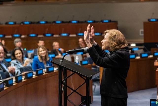 The Ocean Race 2022-23 - 19 September 2023. Sylvia Earle, Oceanographer, National Geographic Explorer-In-Residence and Founder of Mission Blue, speaking at The Ocean Race Summit at the United Nations HQ in New York.
© Cherie Bridges / The Ocean Race