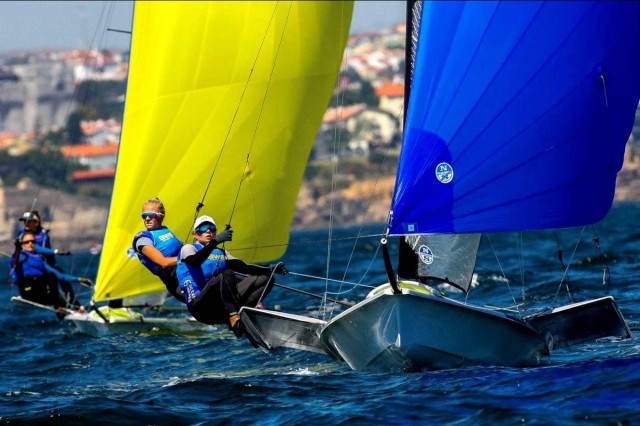 Klara Wester and teammate Rebecca Netzler competing in the 49erFX Championships in Cascais earlier this year - copyright neuza aires pereira CNC.
