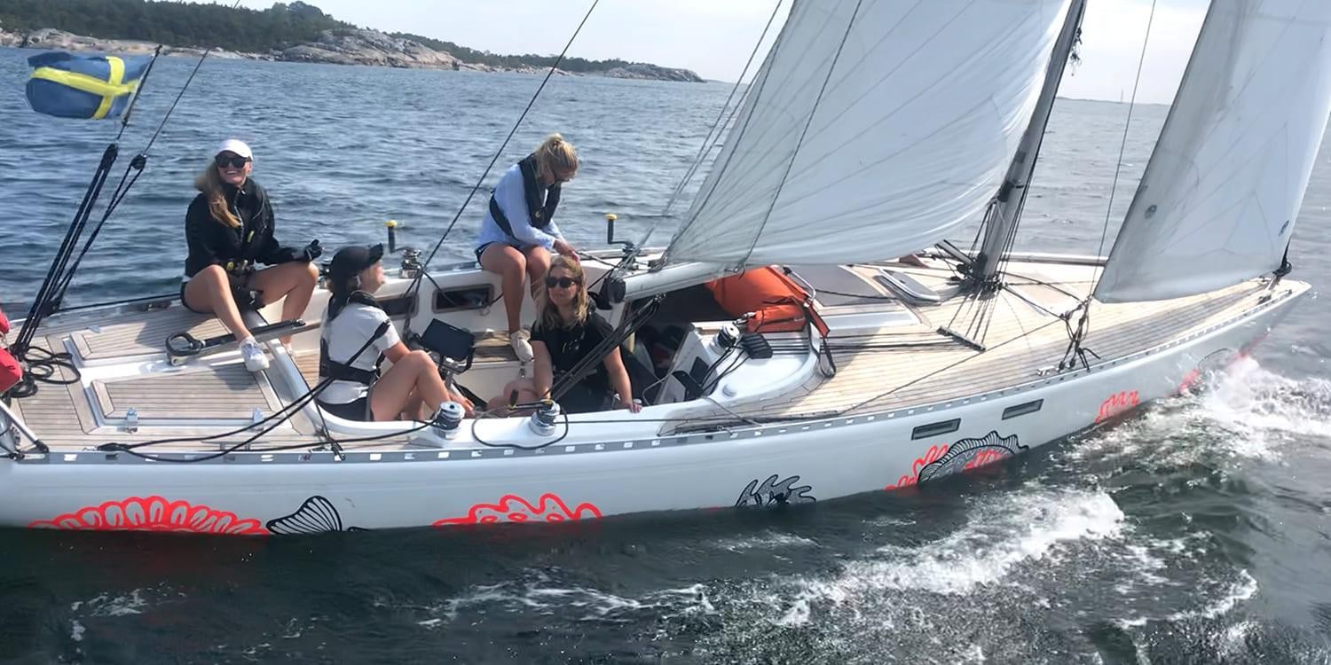 The all-female racing crew on Johanna during the Gotland Runt Unplugged race this summer – they reached a top speed of 14.2 knots. Credit: Bjorn Bertoft