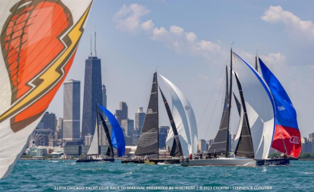 A fast and furious TP 52 start to the Chicago to Mackinac Race just offshore the Chicago city skyline © CYCRTM / Stephen R. Cloutier
