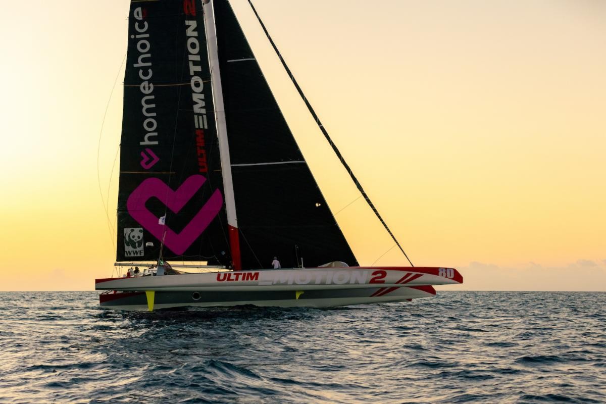 Antoine Rabaste's Maxi Multihull Ultim'emotion 2 (FRA) screamed into Grenada at a speed of over 26 knots just before sunset on Sunday 16th January